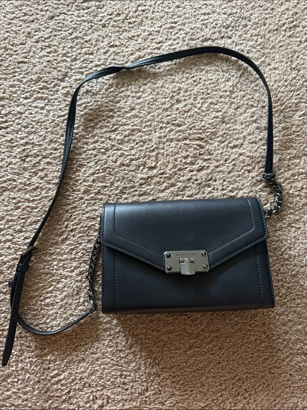 Michael Kors Black Leather Chain-Trim Crossbody